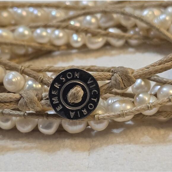 Victoria Emerson Tan Leather and Pearls Wrap Bracelet, 36" Long K338 New - Picture 2 of 6